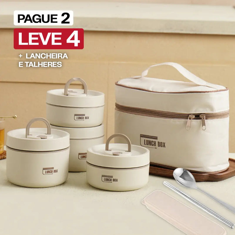 [PAGUE 2 LEVE 4] Kit Potes Térmicos LunchBox em Aço Inox Premium + BRINDE: Talheres e Lancheira de Viagens