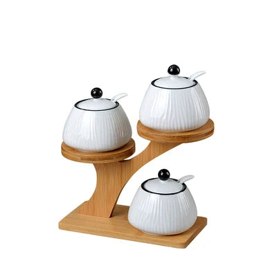 Recipiente de Condimento de Porcelana com Tampas de Bambu